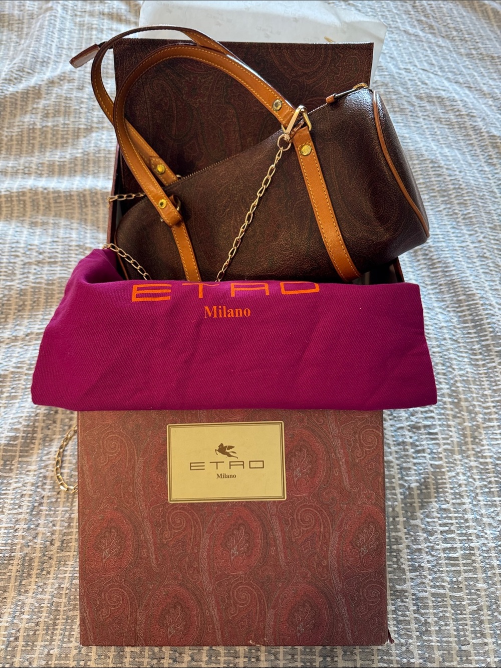 Etro barrel bag and large makeup pouch with aftpurchase cross body chain include